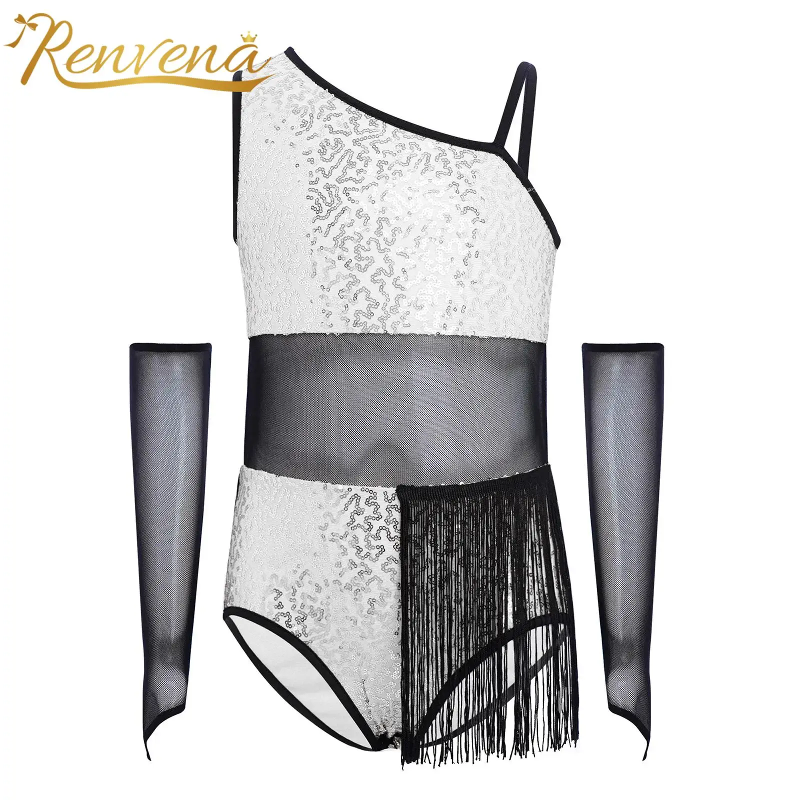 Kids Girls One Shoulder Tassels Bodysuit with Sheer Mesh Gloves Tango Rumba Bodysuits Children's Sequins Latin Dance Leotard