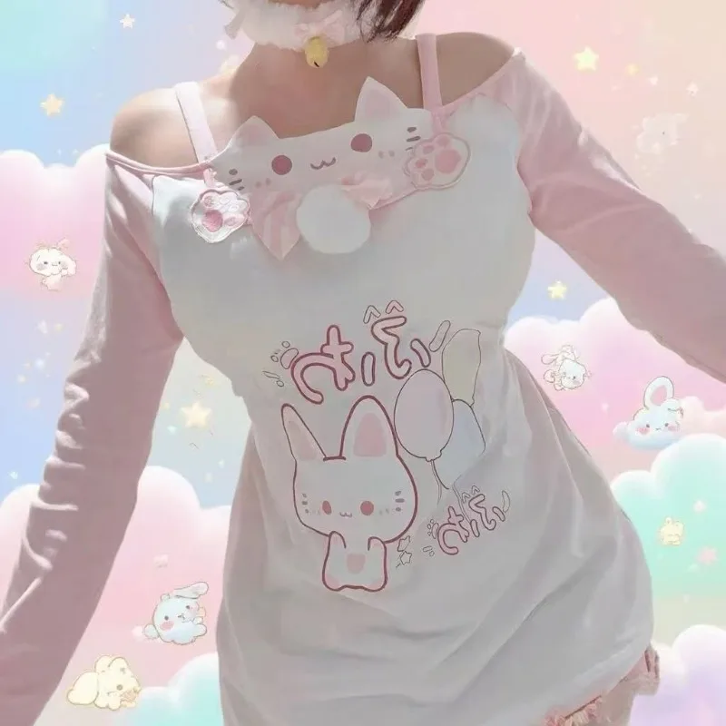 Sweet Kawaii Cartoon Print Women T-shirt Lace Patchwork Bow Slash Neck Off Shoulder Cute Graphic Tees Y2k Aesthetic Tshirts Tops