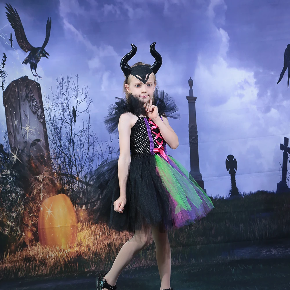 Colorful Witch Girls Halloween Costume Tutu Dress Villain Kids Cosplay Party Dresses Fancy Dress for Children Carnival Purim