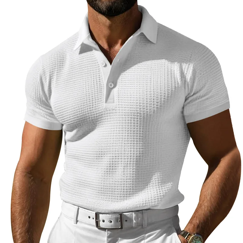 Men\'s Summer New Style European and American Fashion Classic Comfortable Breathable Waffle Solid Color Top T-shirt Polo Shirt