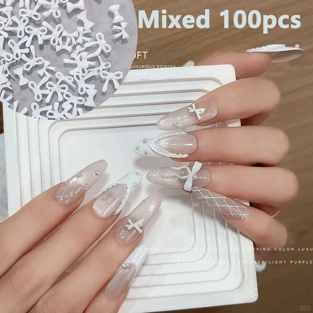 

100pcs/Bag 3D Mixed Muti Style White Bowknot Nail Charms Bulk Mini Resin Ribbon Nail Art Part Girl Sweet Bowtie Nail Decoration