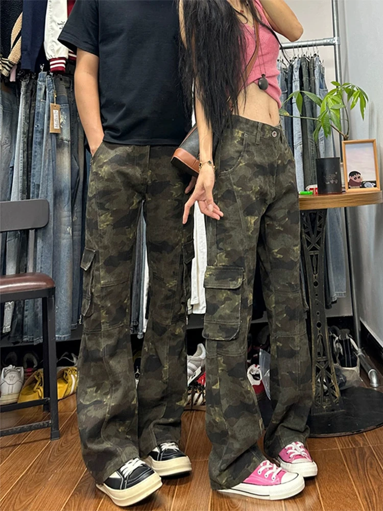 

American Retro Camouflage Bell Bottom Denim Jeans Men Women Camouflage Workwear Pants Slim Straight Leg Trousers