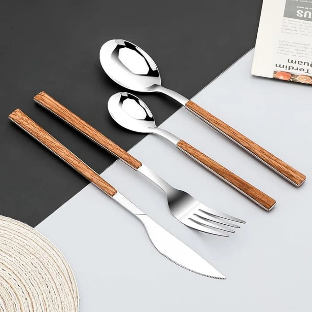 16/24/30Pcs Stainless Steel Imitation Wooden Handle Cutlery Set Silver Dinnerware Knife Spoon Fork Tableware Set