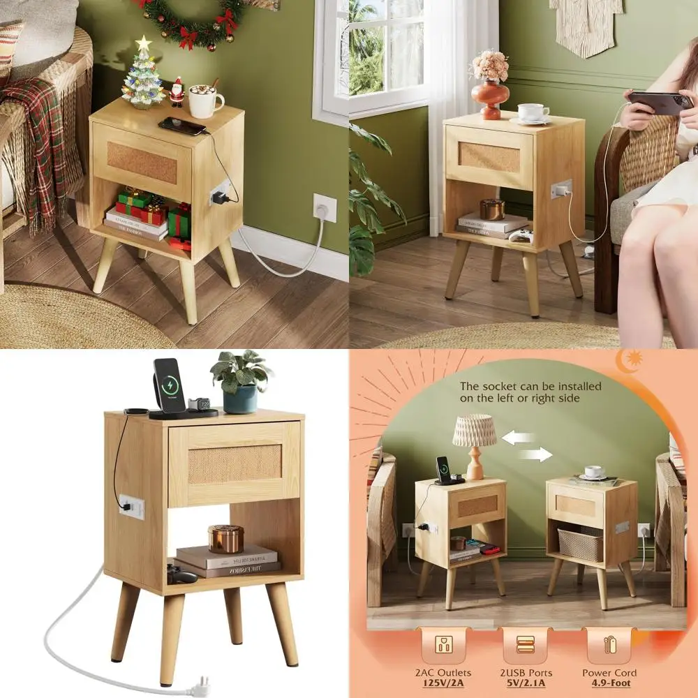 

Natural Oak Boho-Style Small Nightstand with Charging Station and Storage for Bedroom