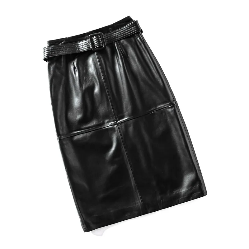 High Quality Genuine Leather Skirt with High Waist and Buttocks Black Half Length Skirt for Women Versatile Mid Length Sheepskin