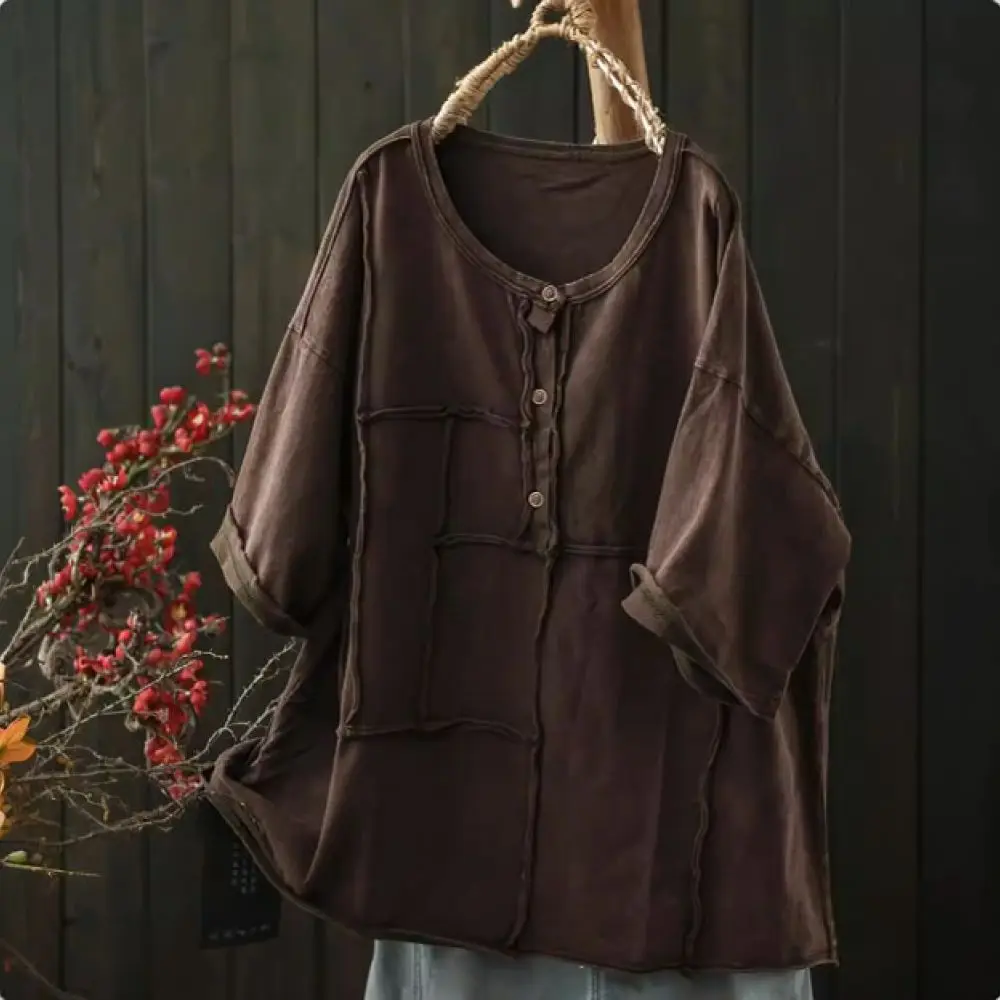Casual Cotton T Shirt Womens Summer Loose Vintage Patchwork Design Half Button Mid Length Tops Female Blouse