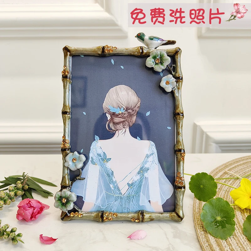 6-Inch vertical photo frame bamboo shape table ins style simple children's picture frame European enamel color diamond-encrusted