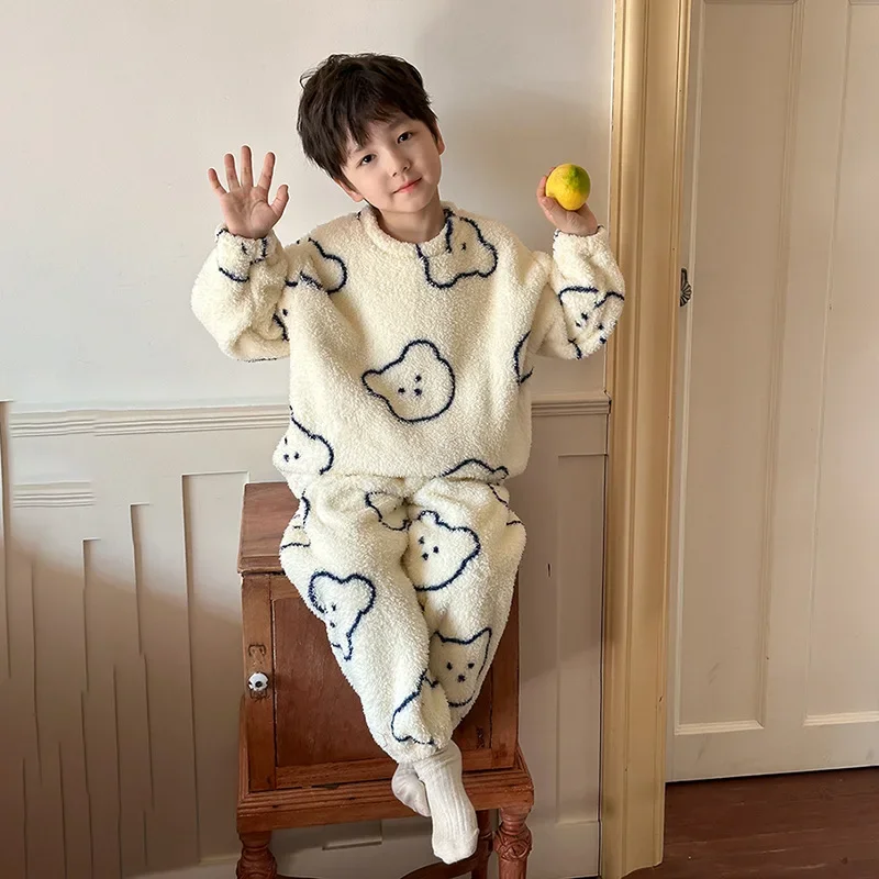 2025 Winter Children's Thick Rice Grain Velvet Home Clothing Set for Boys and Girls, Warm Plush Bear Head Sleepwear