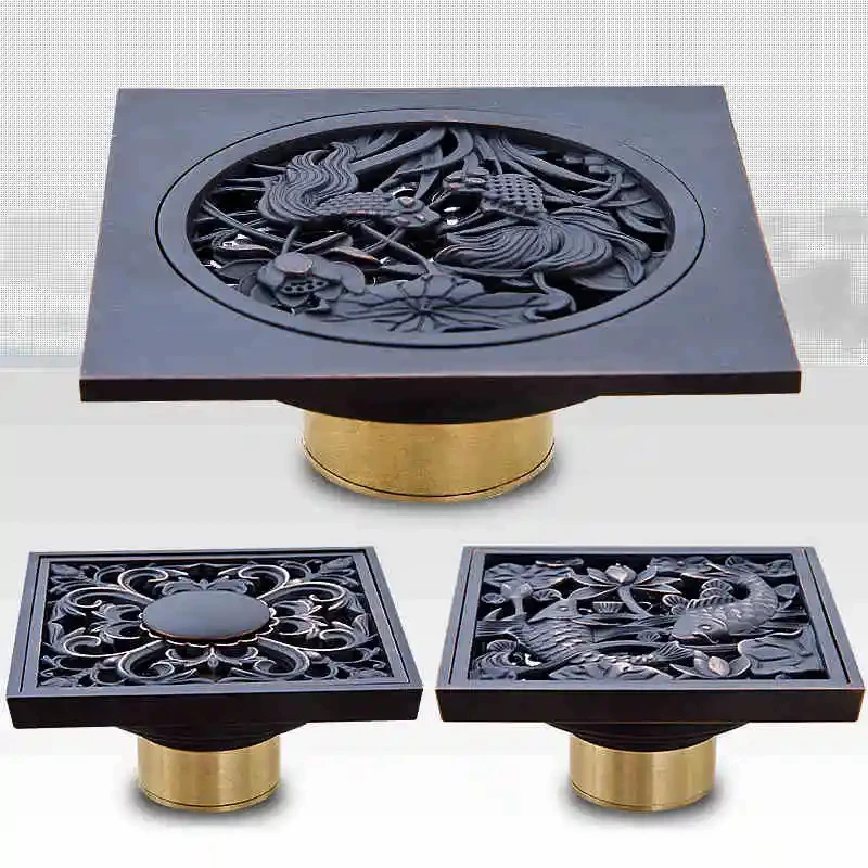 Drain 10cm Square Black Brass Shower Drain Strainer Floor Cover Art Carved Balcony Bathroom Bath Accessories Grate Waste SY-073R