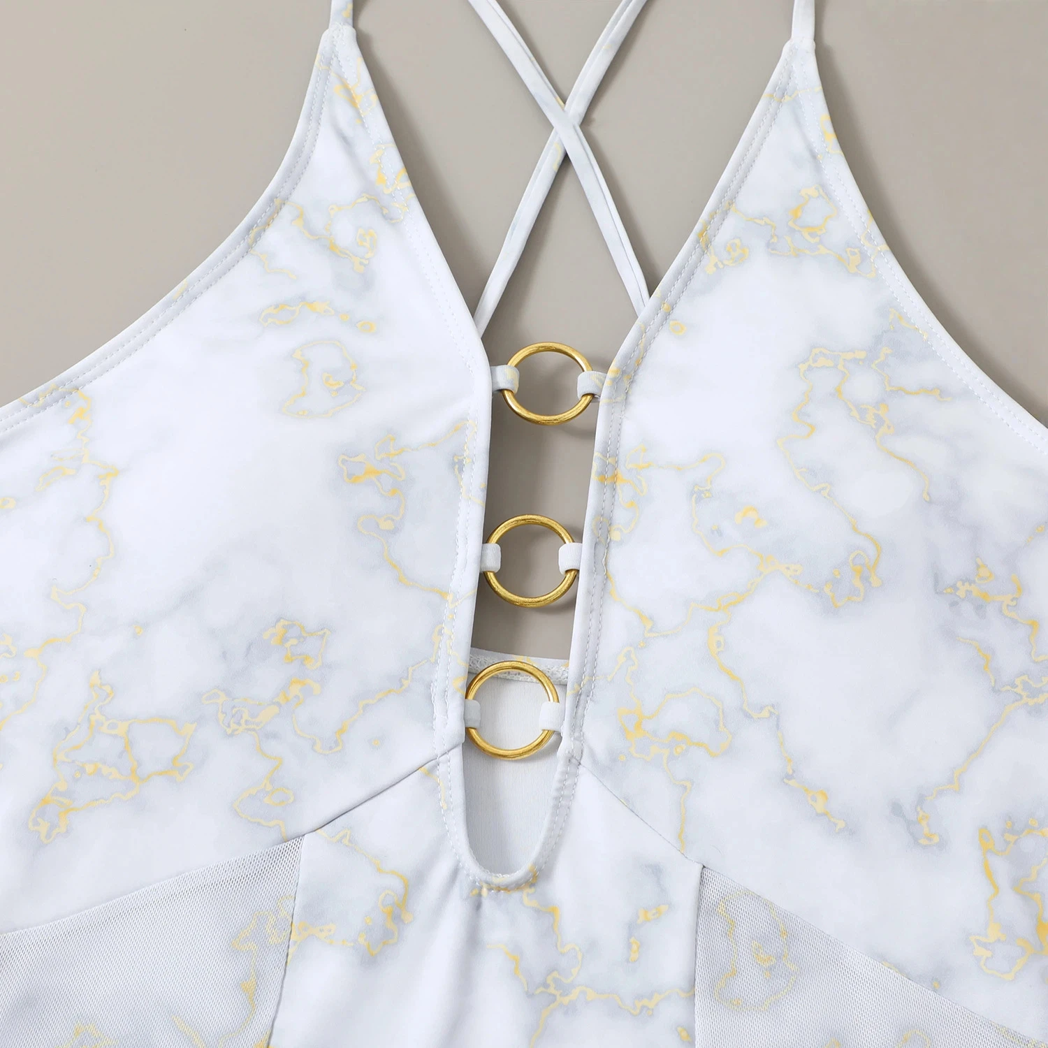 Marble Print Crisscross One Piece Swimsuit for Women 2025 Gold Ring Tummy Control Swimsuit Push Up Bathing Suit Beach Vacation