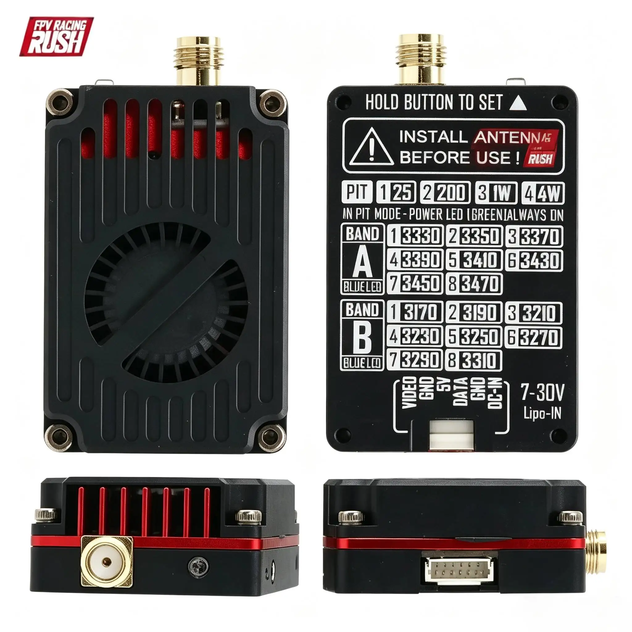 RUSHFPV OverShoot 3.3GHz High Power VTX, 4W Video Transmitter, IRC Tramp Protocol, 7-30V Wide Voltage, 3170-3470MHz, Works with