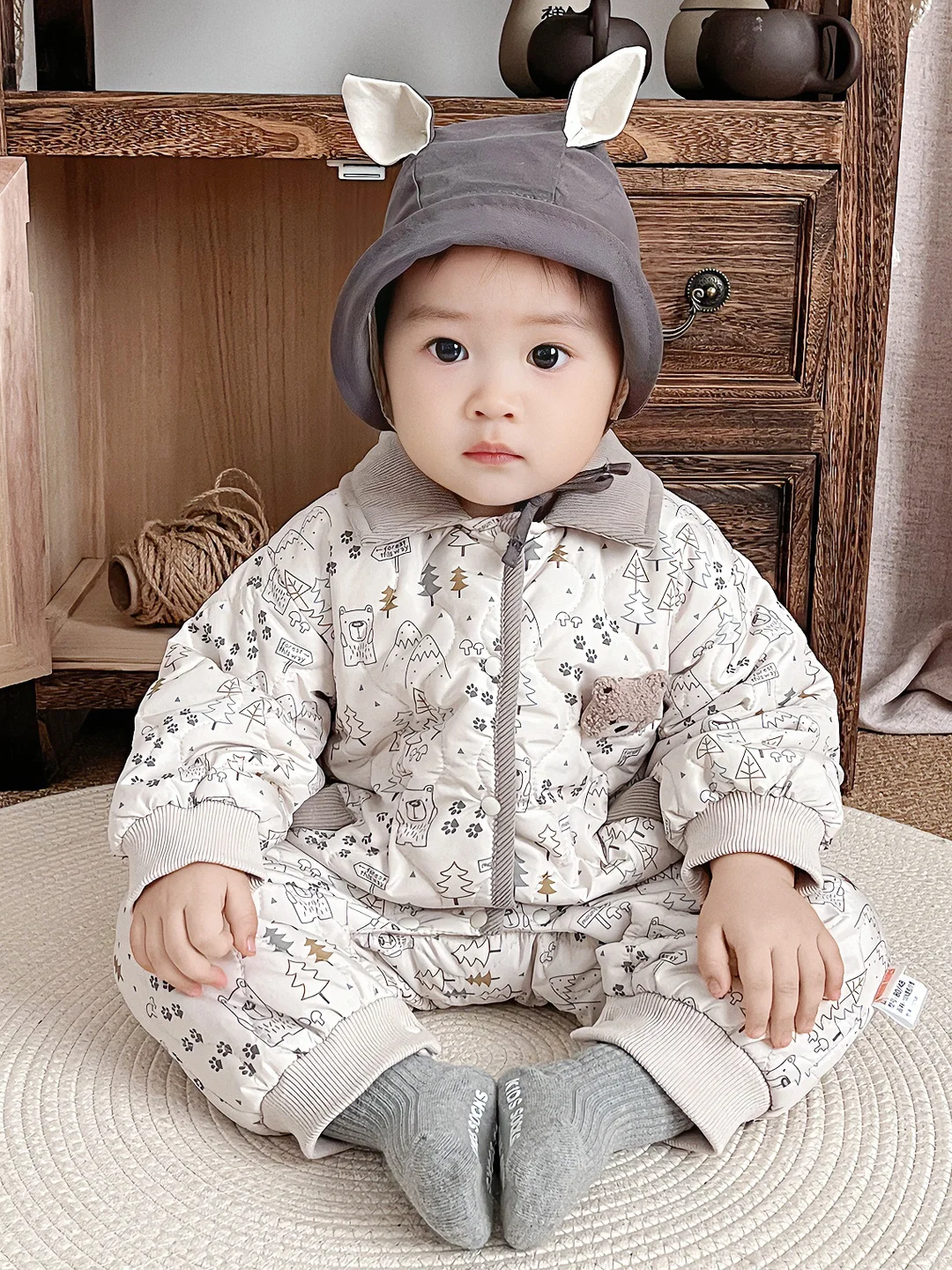 Baby Rer Suit Cotton Lined Casual Thiened Outdoor Clothes for Infants Faionable Full Print Autumn Winter Outfit