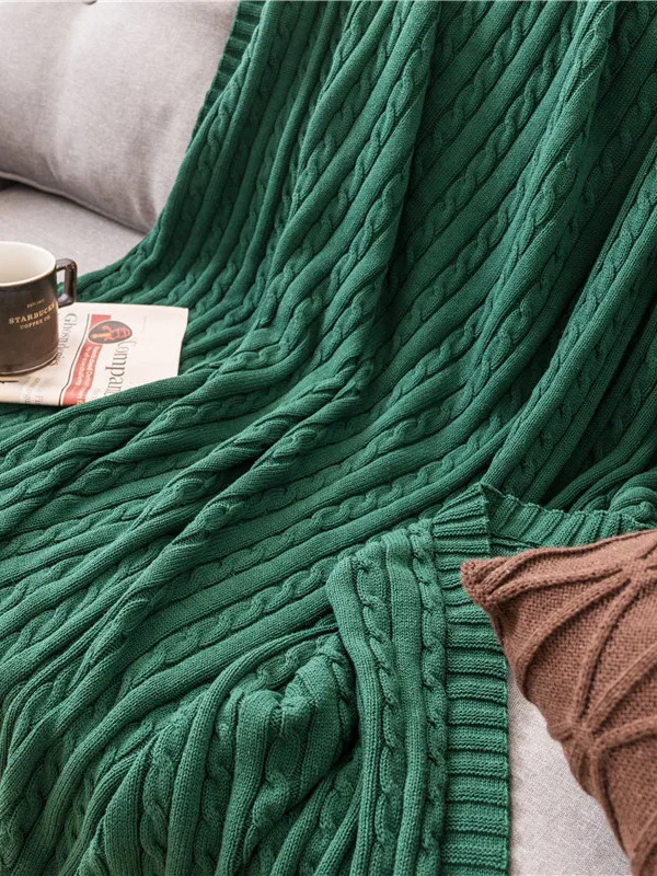 Nordic Style Knitted Nap Blanket Luxury Office Sofa Cover Summer Breathable High Polyester Cotton Knitwear Green Color