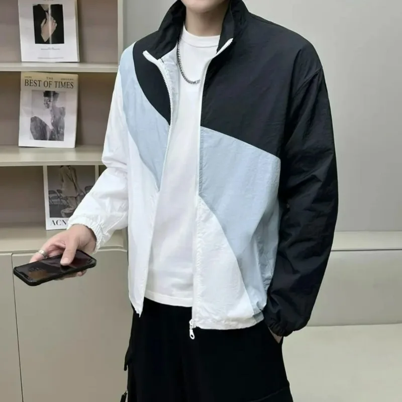 

COMXZ Men Jacket Autumn Color Block Stand Collar Trendy Casual Outdoor Hiking Travel Camping Coat Trendy Windbreaker Jackets