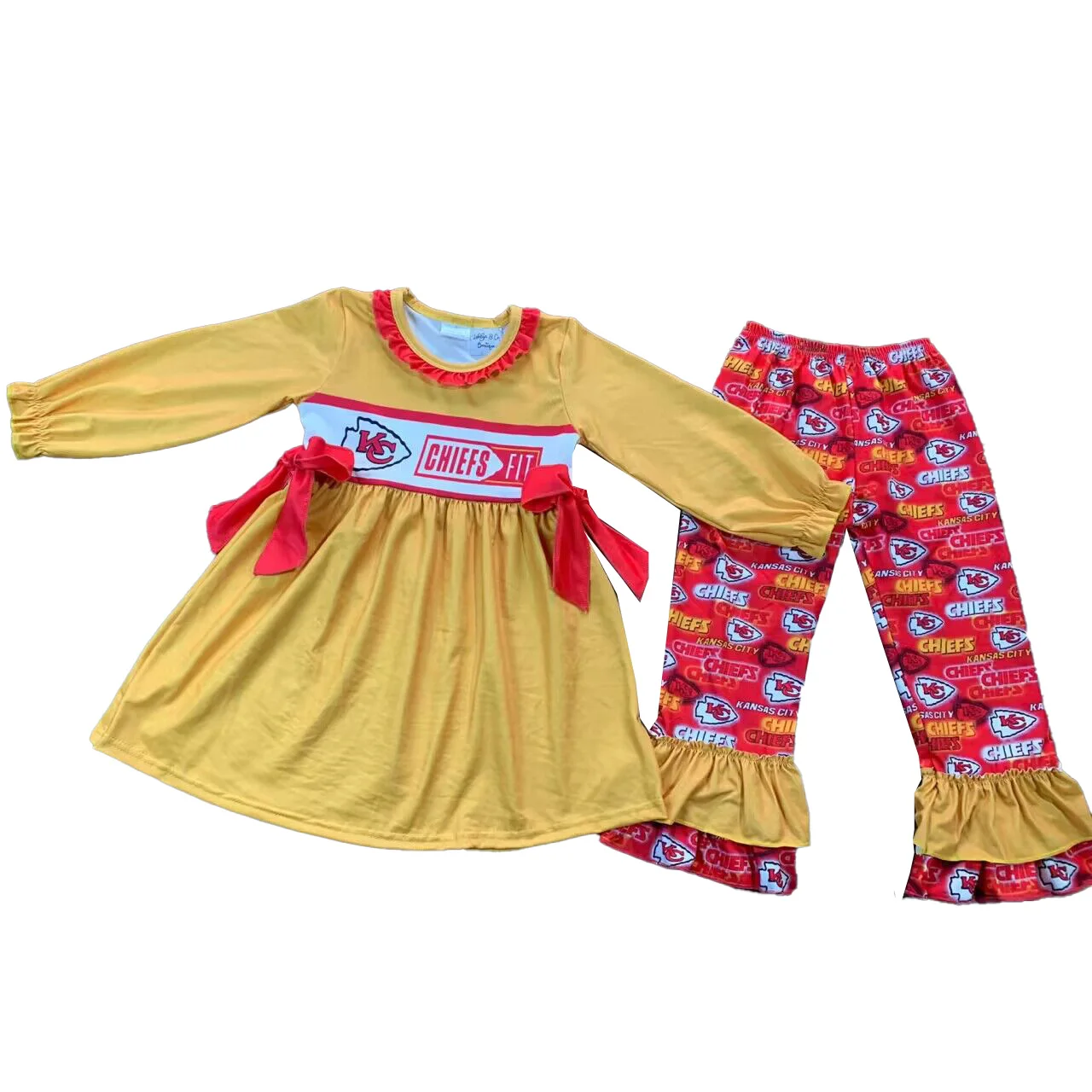 

Hot Sale Children Boutique Team Clothing Bow Tunic Top Leggings Girls Clothing Set