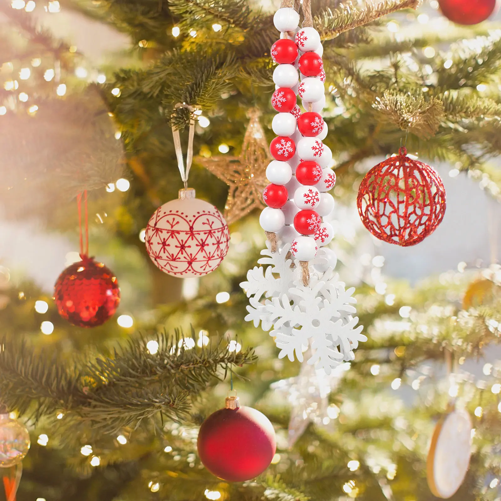 

4Pcs Snowflake Wood Beaded Garland Rustic Hanging Decor for Christmas Tree Fireplace Door Handle Window Party Home Adornment