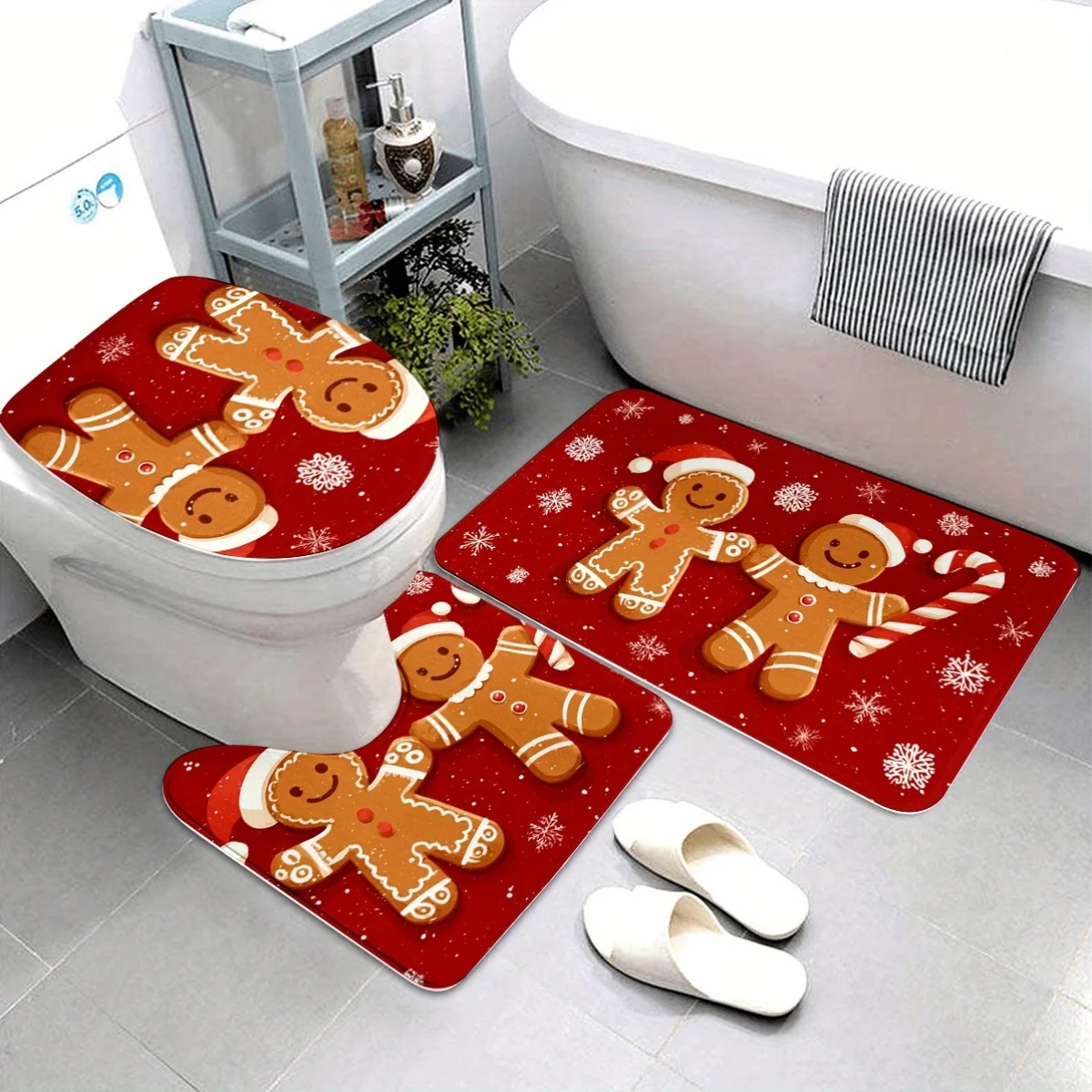 2D Flat Red Gingerbread Man Christmas Bathroom Mat Set, 3pcs, Snowflake Candy Cane Holiday Decor for Bathroom