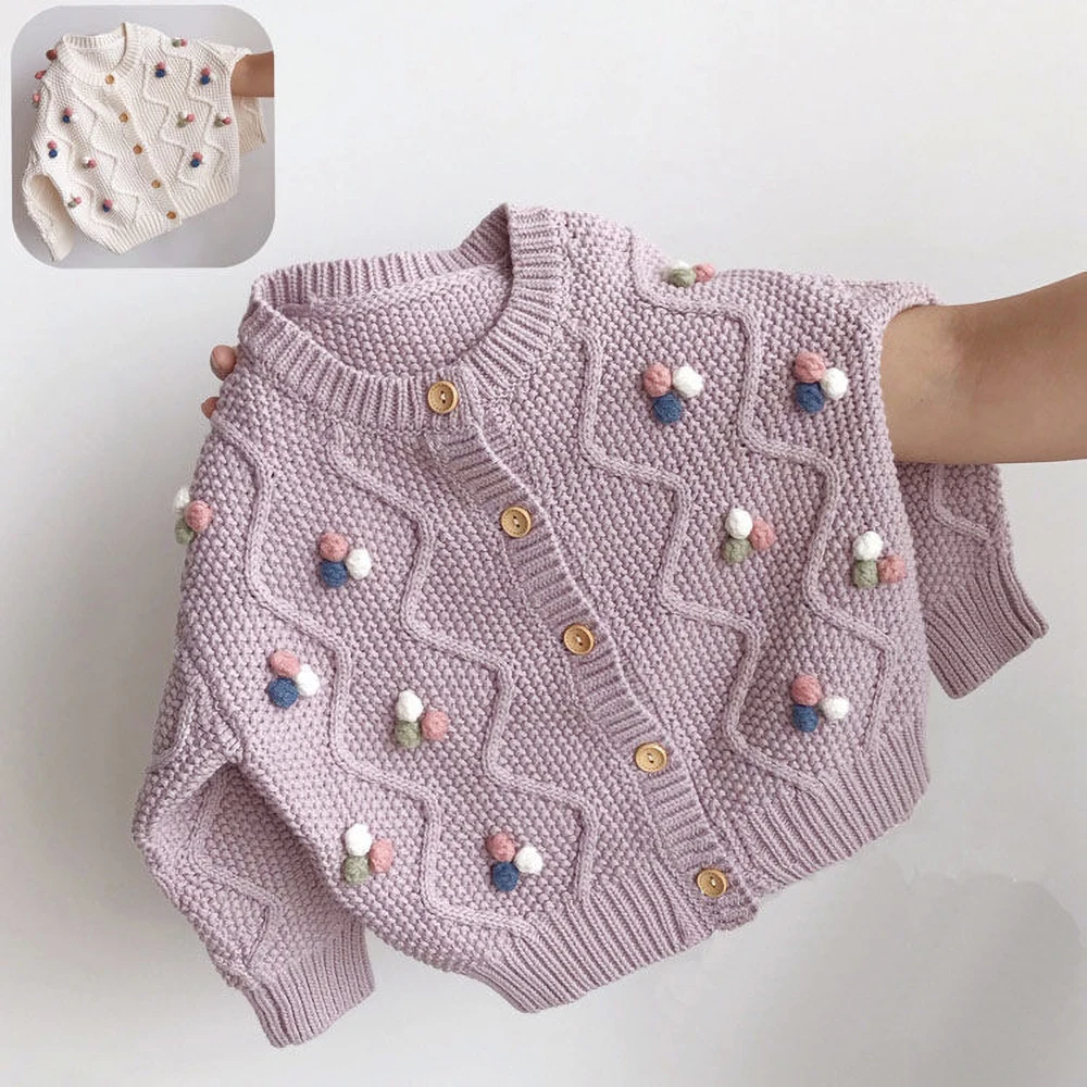 Children\'s Girls Sweater Cardigan Autumn New Single-breasted Solid Knitted Jacket Casual O-neck 3D Plush Ball Loose Sweatera