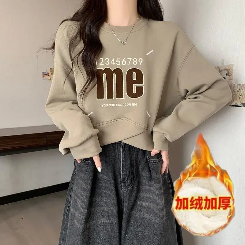 

Women's Autumn Winter Fashion Simple Round Neck Letter Irregular Casual Versatile Long Sleeves Loose Plush Thick Sweatshirts