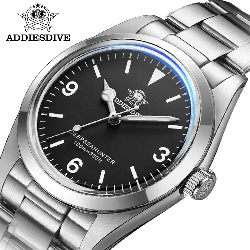 ADDIESDIVE 36mm Luxury Quartz Watch Sapphire Bubble Mirror Black Dial Super Luminous 100M Waterproof Stainless Steel Men Watches