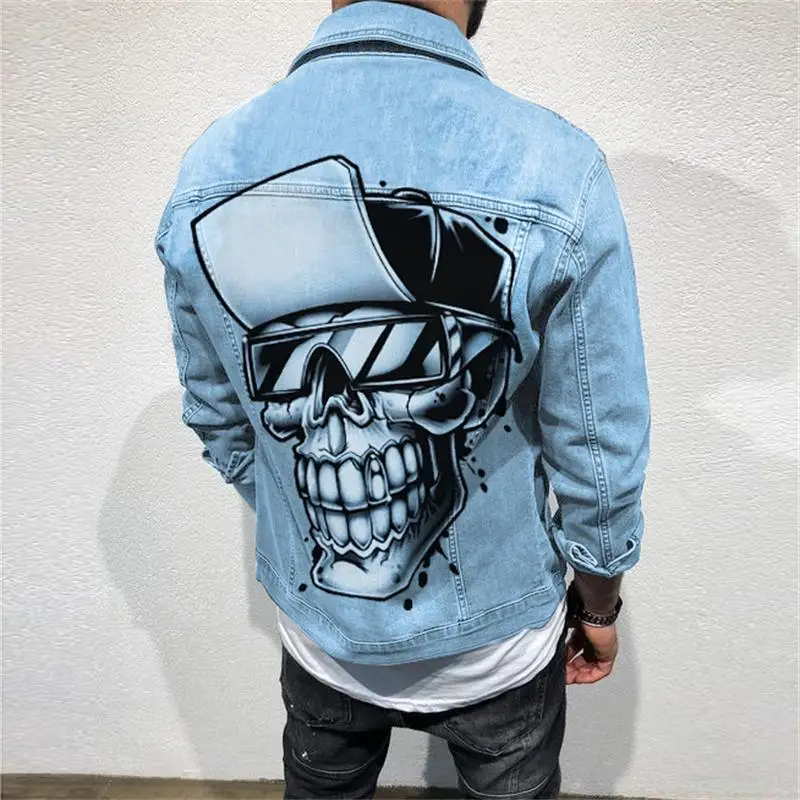 

New Stylemen's Denim Jacketmen's 2024 Autumn/Winter New Street Fashion Hip Hop Rock Personality Fun Story Pattern Skull Head Pri