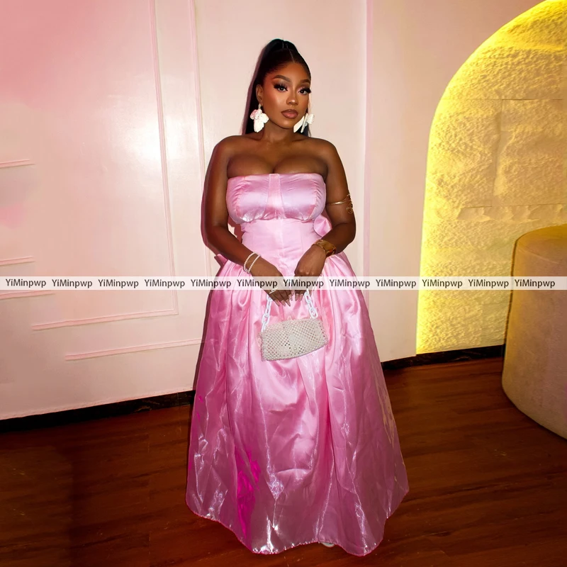 Aso Ebi Satijn Roze Elegante Bruiloft Jurk Met Strik Strapless A-lijn Verjaardag Jurken Luxe Vloerlengte Recht Op Maat