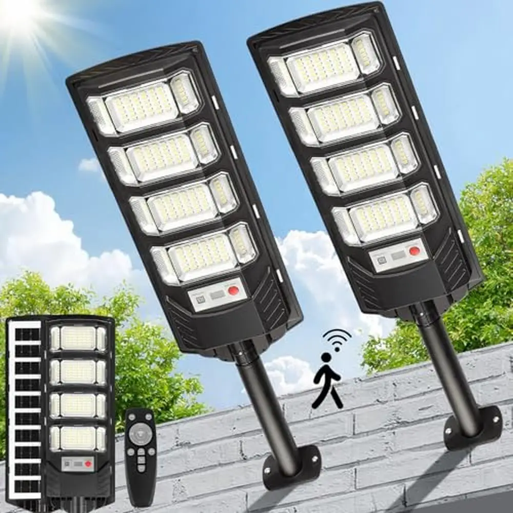 Outdoor LED Solar Flood Lights 2 Pack Waterproof Dusk to Dawn 12000 Lumen Solar Powered Wall Mount Motion Sensor Remote Control