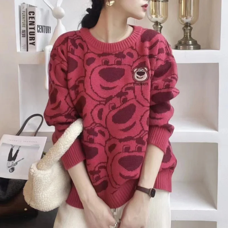 Cartoon Lotso Women Knit Sweater Autumn Winter Cartoon Round Neck Knit Tops Simple Versatile Tops Lovers Warm Pullover Sweater