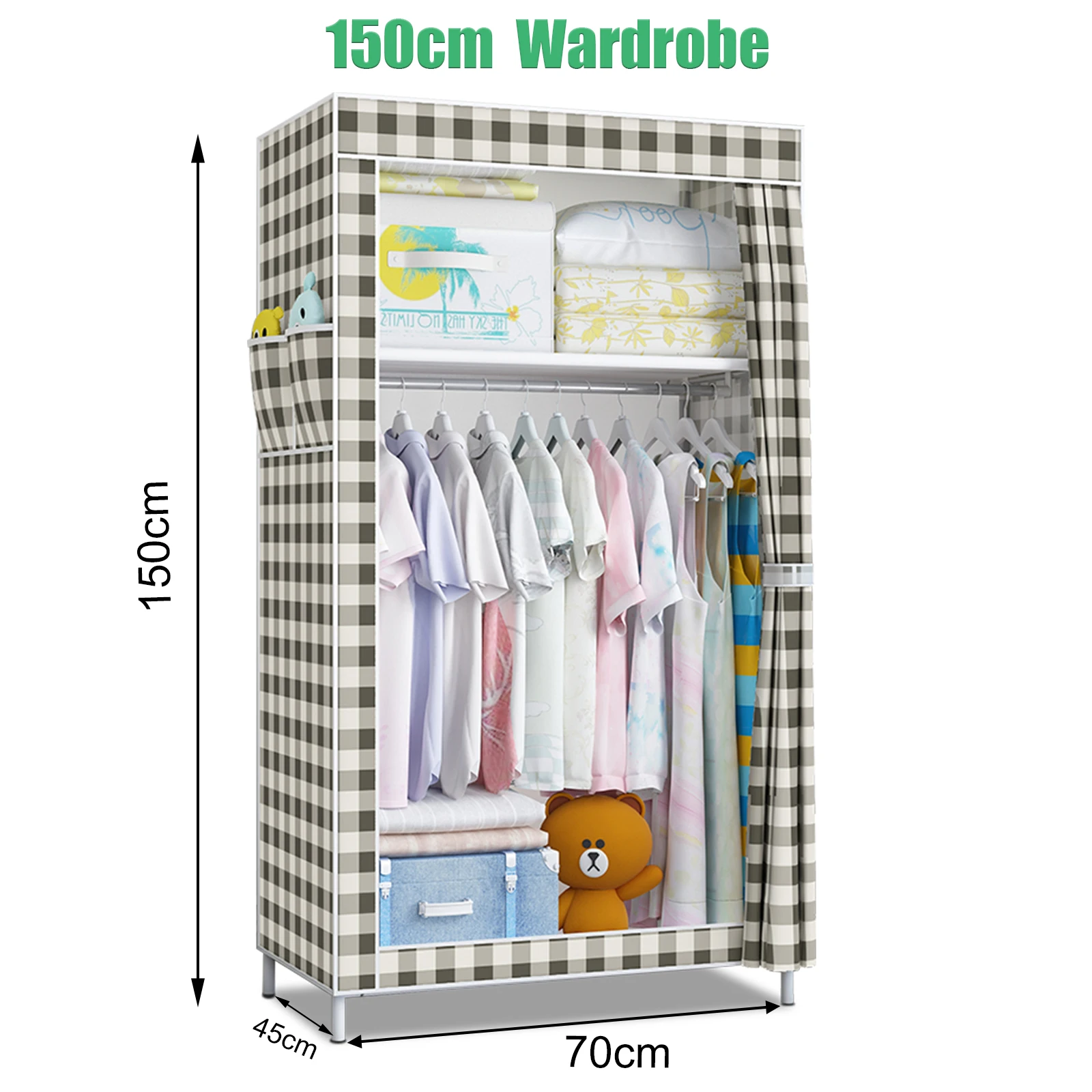 LOEFME Fabric Canvas Wardrobe Closet Storage Cupboard Hanging Rail Shelves Heavy Duty Fabric Canvas Wardrobe Clothes Shelving