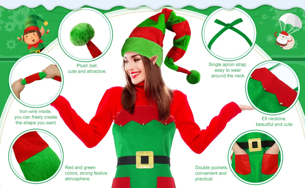 Kerstkostuumbenodigdheden Kerstschort Familiefeest Festivalbenodigdheden Hoed Oor Leuke Fancy Groene Elf Cosplay Set voor Mannen Vrouwen