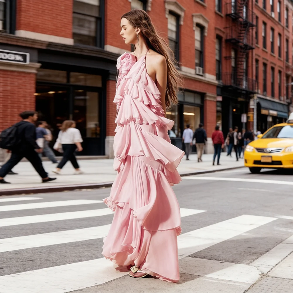 

Pink Halter Chiffon Dress Tiered Ruffle Maxi 3D Rose Open Back Layered Ever Pretty Gows Floor Length Straight Sleeveless Dresses
