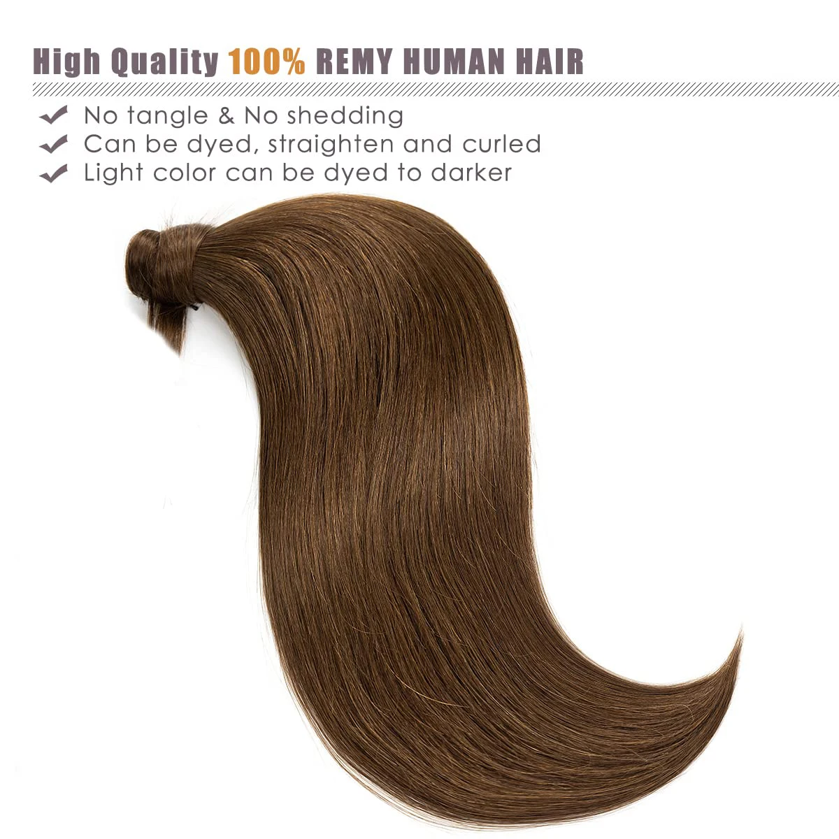 Extensiones de cola de caballo de cabello humano, pelo liso 100% Remy, color marrón medio, con Clip, #4