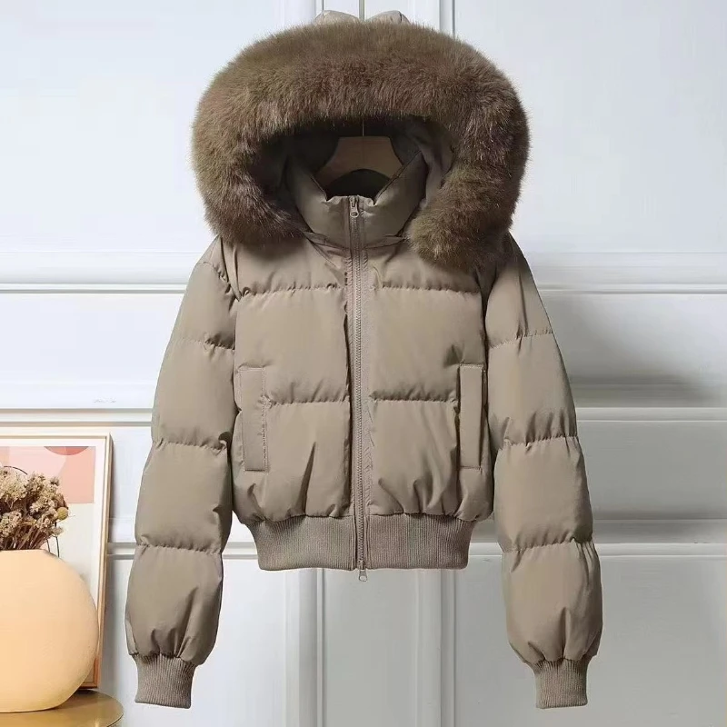 American Vintage Faux Fur Hooded Coat Women Retro Solid Slim Short Jaket Winter Casual Warm Fashion Long Sleeve Crop Puffer Coat