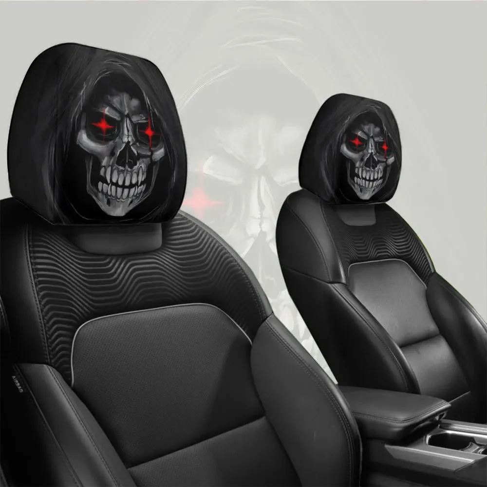 2 Stück Totenkopf-Flammen-Rotauge-Druck Auto-Kopfstützenbezug Elastische Nackenstütze Auto-Kopfstützenschutz Einfache Installation Universeller Autositzschutz