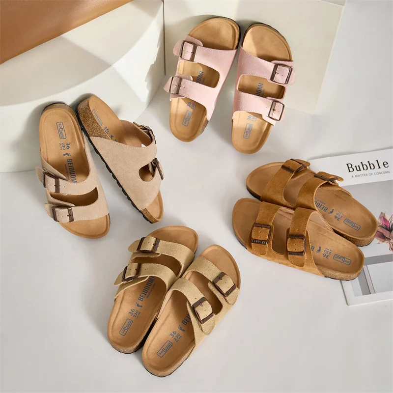 

2024 New Fashion Summer Women Cork Slipper Casual Beach Double Buckle Non-slip Outside Soft Sole Leather Slip on Slides Shoe