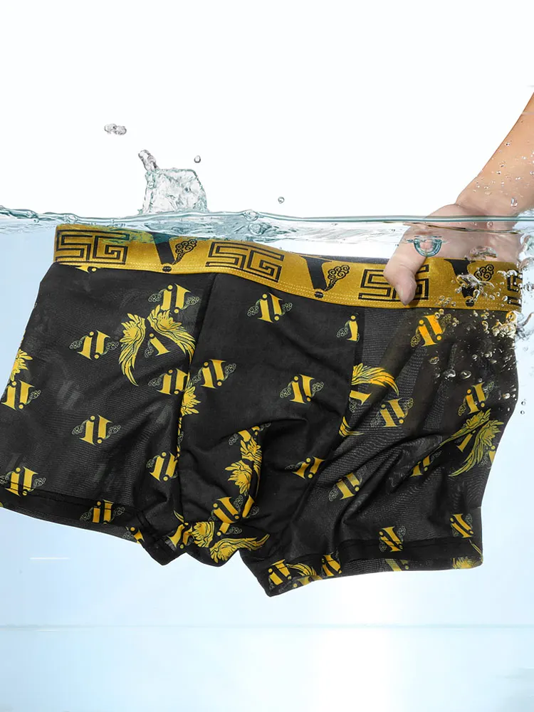 4PCS summer ice silk thin quick-drying black gold chain gold wings eagle gold men\'s underwear short boxer briefs with gift box