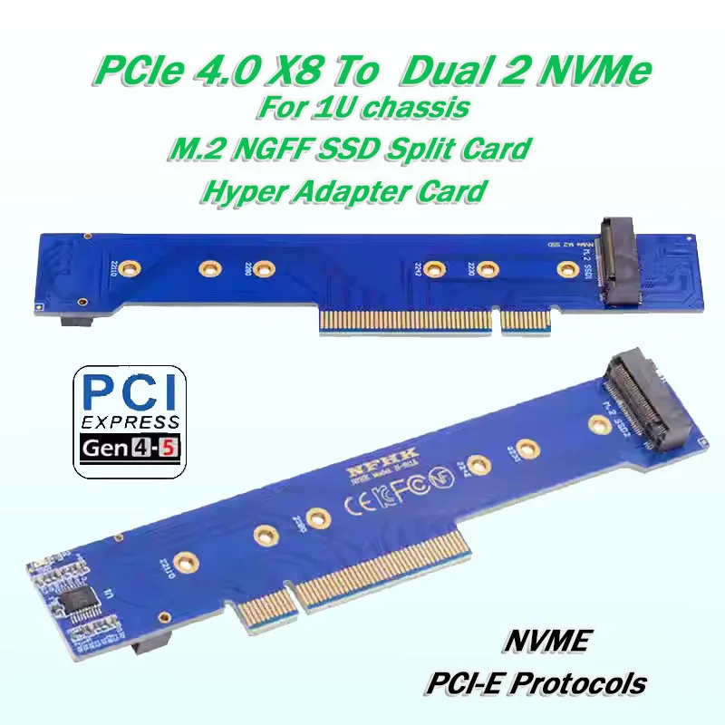 1U Chassis PCIe 4.0 X8 To  Dual 2 NVMe M.2 NGFF SSD Split Card Hyper Adapter Card VROC Raid PCIE Express Gen4 X8 X16 Low Profile