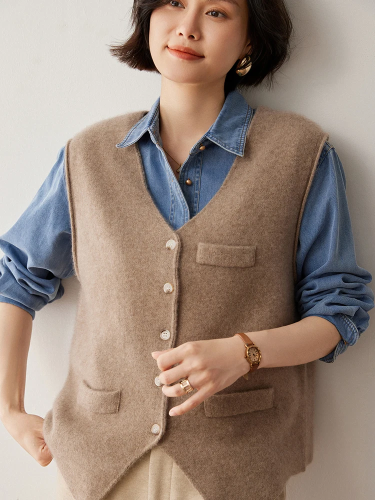 Autumn Winter Women Vest 100% Cashmere Sweater Cardigan Ladies V-Neck Sleeveless Knitted Cardigans Female Casual Tank Tops
