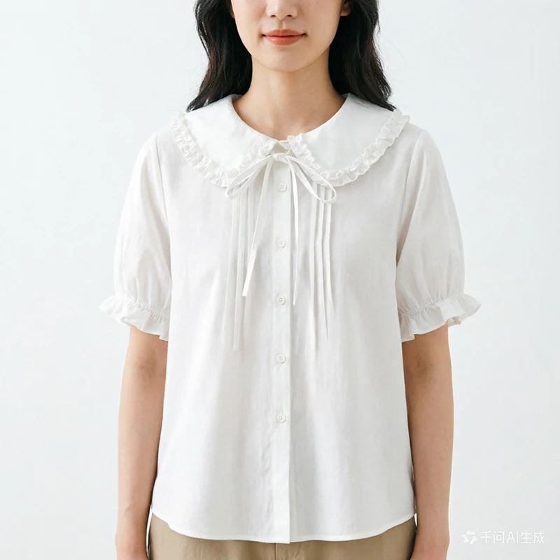 

New Summer Peter Pan Collar Pleated Shirt Women Clothing Bow Short Sleeved Beige White Color Cotton Female Blouses Shirts U073