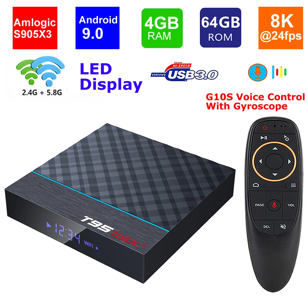 T95 max plus smart tv caixa amlogic s905x3 android 9.0 4g ram 64g rom 2.4g/5g wifi duplo bt4.0 usb 3.0 hdr 8k 3d conjunto caixa superior