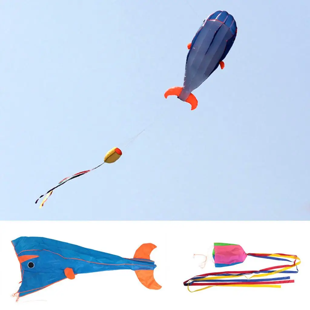 Cometa de delfín gigante para niños, juguete de playa parafoil de mosca fácil, cometas deportivas de viento al aire libre para adultos