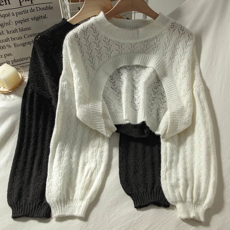 

Loose Short Hollow Out Knitted Women Sweater Pullovers Winter Lantern Sleeved Solid Sexy Female Pulls Outwear Coats Tops