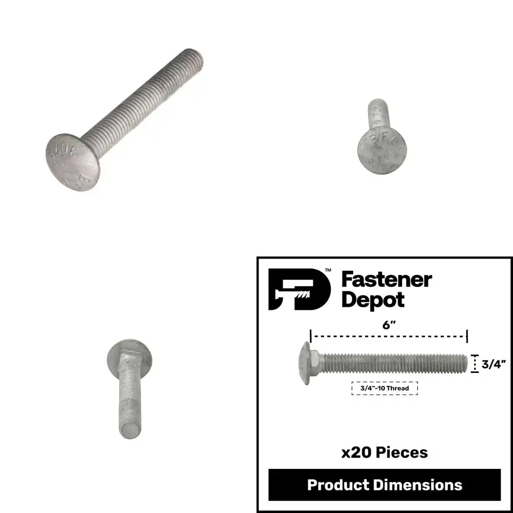 

Hot Dipped Galvanized Carriage Bolts 3/4-10 x 6 Grade 307A, 20 Pack, Suitable for Exterior Applications