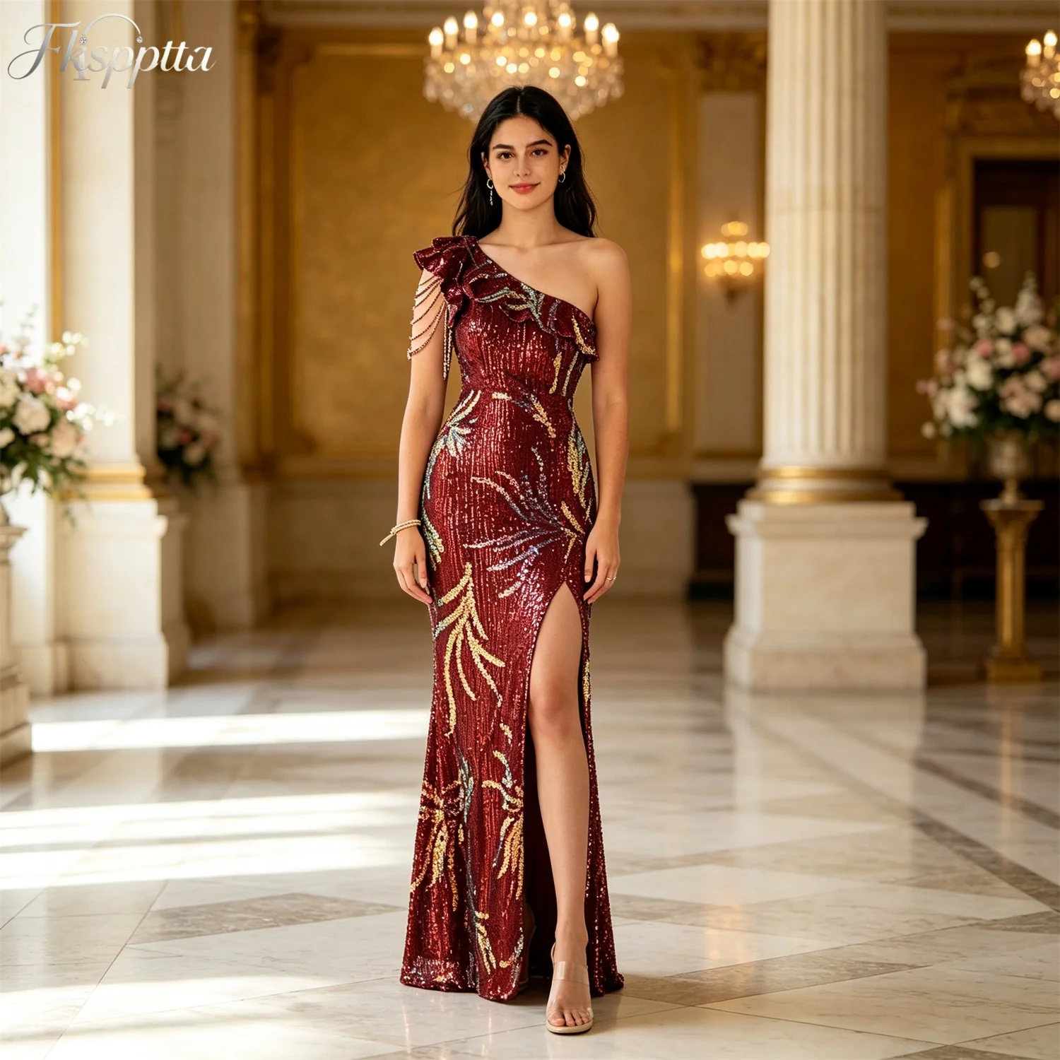 Sparkly Burgundy Evening Dress One Shoulder Ruffle Gold Leaf Sequin Mermaid High Split Floor Length Evening Gown for Women Party