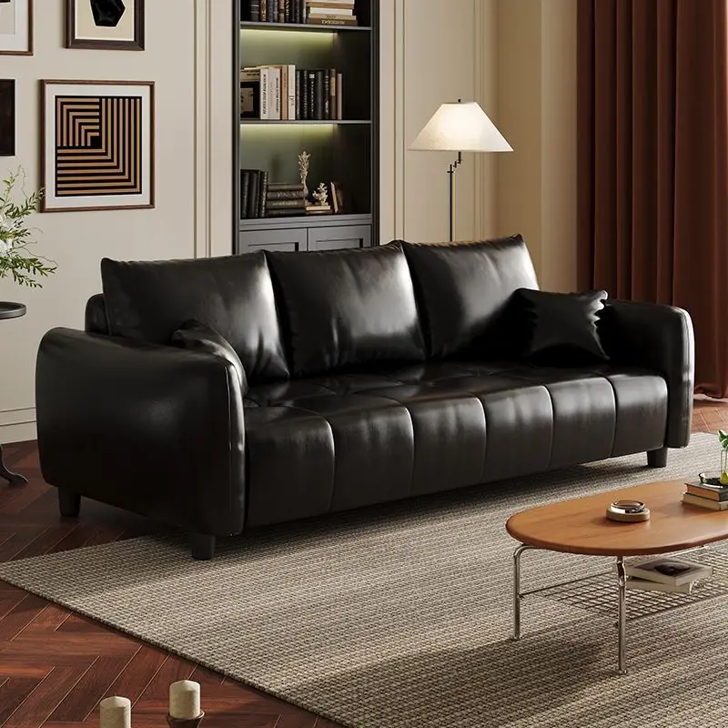 Retro style cat scratching oil wax leather sofa living room straight row small apartment modern simple medium and ancient