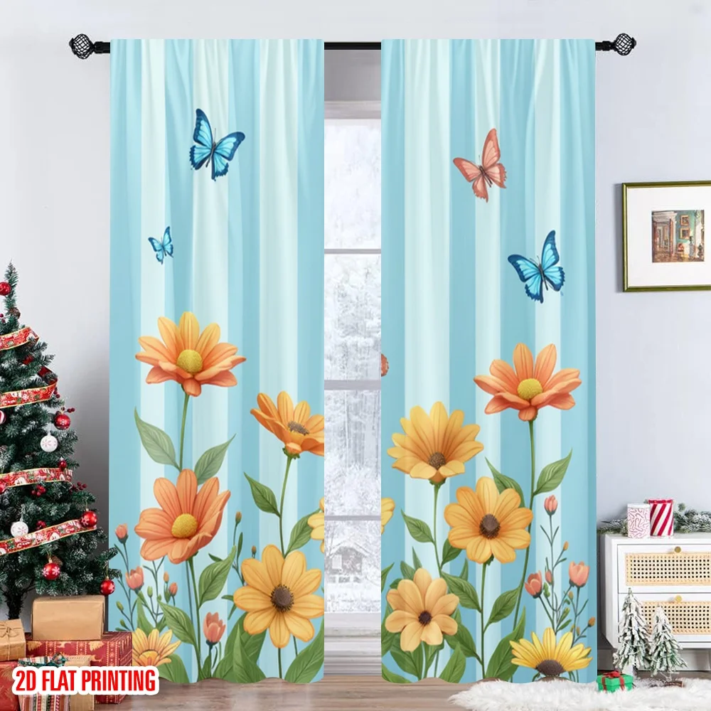 2 قطعة 2D الطباعة المسطحة الستائر الربيع الفراشات الزهور مرج الرقمية المطبوعة البوليستر الستائر زينة الحفلات استخدام ل #6