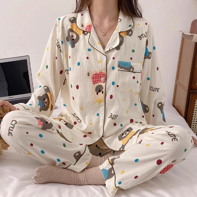 Plus Size Fall and Winter Polka Dot Bear Spring and Autumn Pajamas Cute Long Sleeved Pants Korean Version Women's Sleepwear
