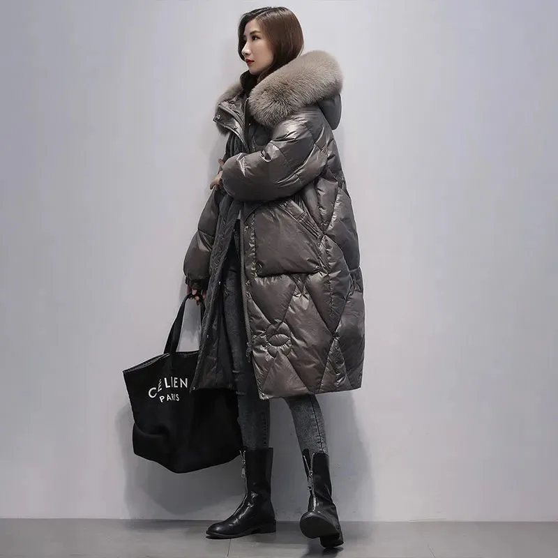 Veste surdimensionnée en duvet de coton pour femme, manteau chaud d'hiver, Long à capuche, col en fourrure, Parka, pardessus froid, noir, nouvelle collection