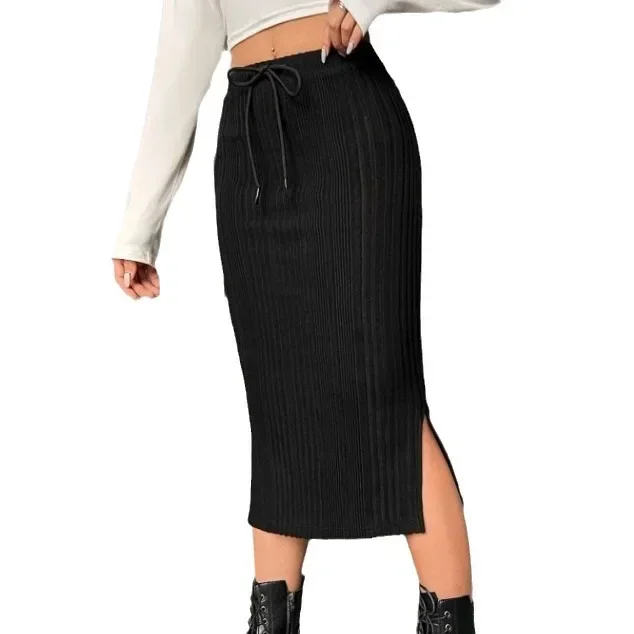 Autumn and Winter New Casual High Waist Drawstring Slit Knitted Wool Skirt Ladies Fashion Solid Color Slim-fit Half Body Skirt