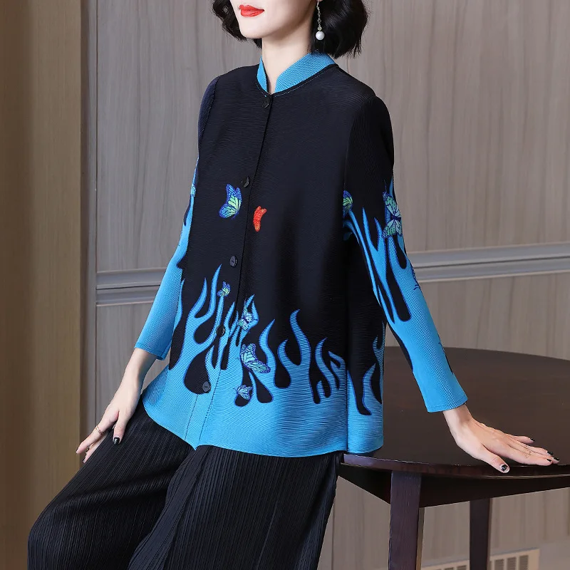 Autumn Top Women\'s New 2023 Shirt Reduced Age Printed Pleated Large Sleeve Women\'s Shirt  jumper  LOOSE